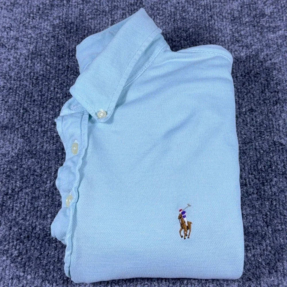 Polo Ralph Lauren Mens XXL Light Blue Knit Oxford Short Sleeve Polo Small Stain